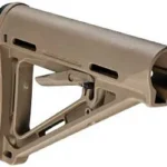 MAGPUL MOE CARB STK, FDE angled side view with open triangular frame and adjustment lever