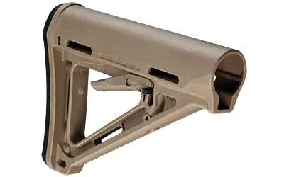 primary-20173 MAGPUL MOE CARB STK, FDE angled side view with open triangular frame and adjustment lever