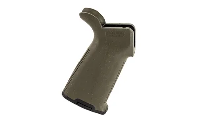 primary-20185 Magpul MOE Plus AR Grip, olive drab angled side view with textured grip and flared base