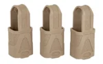MAGPUL ORIG 9MM SUBGUN 3PK FDE three flat dark earth magazine assists, front angled view