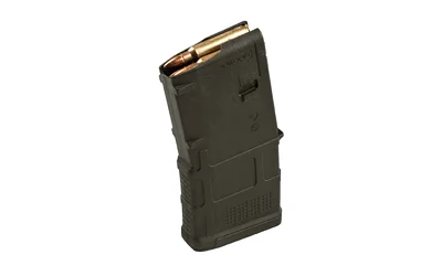 primary-20323 MAGPUL PMAG M3, angled front view of short olive drab green magazine with cartridges visible