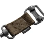 MAGPUL MS1 SNGLPT DUAL ADPTR COY coyote webbing adapter with black metal hardware, angled view