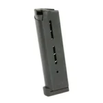 Wilson magazine, angled front view in black with aluminum base pad and witness slots