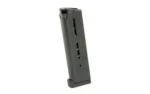 Wilson magazine, angled front view in black with aluminum base pad and witness slots