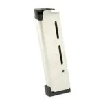 Wilson ETM 1911 aluminum magazine with silver body and black base, angled side view