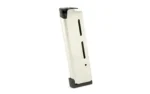 Wilson ETM 1911 aluminum magazine with silver body and black base, angled side view