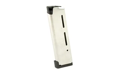 primary-20402 Wilson ETM 1911 aluminum magazine with silver body and black base, angled side view