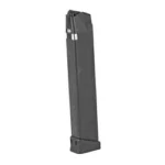 MAG SGMT black extended pistol magazine, angled front view with wide baseplate