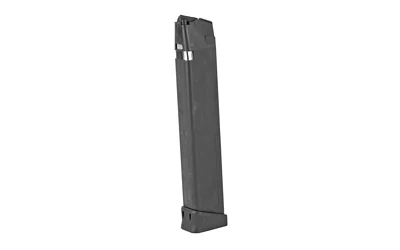 MAG SGMT black extended pistol magazine, angled front view with wide baseplate
