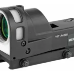 Meprolight M21T black reflex sight, front-left view with green-tinted lens and quick-release mount
