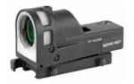 Meprolight M21T black reflex sight, front-left view with green-tinted lens and quick-release mount