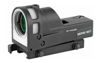 Meprolight M21T black reflex sight, front-left view with green-tinted lens and quick-release mount