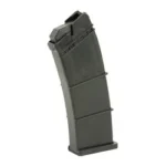 SGMT Saiga 12GA 8-round polymer magazine, black, angled side view with curved ribbed body