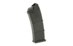 SGMT Saiga 12GA 8-round polymer magazine, black, angled side view with curved ribbed body