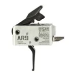 TriggerTech AR9 Duty Flat trigger, side view with silver housing and black flat trigger