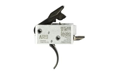 TriggerTech AR9 2-Stage Duty Curve trigger, side view with silver housing and black curved trigger