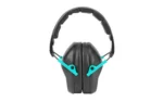 Walker's Pro Folding Muff, black and teal, front view with padded headband and ear cups