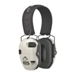 Walker's Razor X-TRM digital muff, silver and black angled view with padded headband