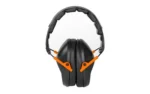 WALKER'S PRO FLDING MUFF BLK/ORG, front view of black earmuffs with orange arms and black headband