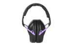 WALKER'S PRO FLDING MUFF BLK/PURP, front view of black earmuffs with purple arms and black headband