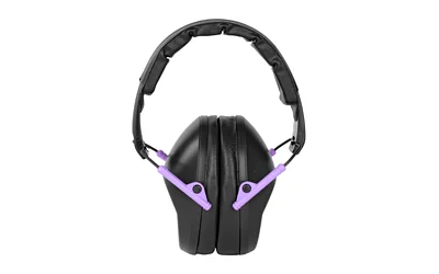 WALKER'S PRO FLDING MUFF BLK/PURP, front view of black earmuffs with purple arms and black headband