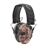 WALKER'S RAZOR ELECTRONIC SLIM FLAG, angled view of earmuffs with black headband and patterned cups