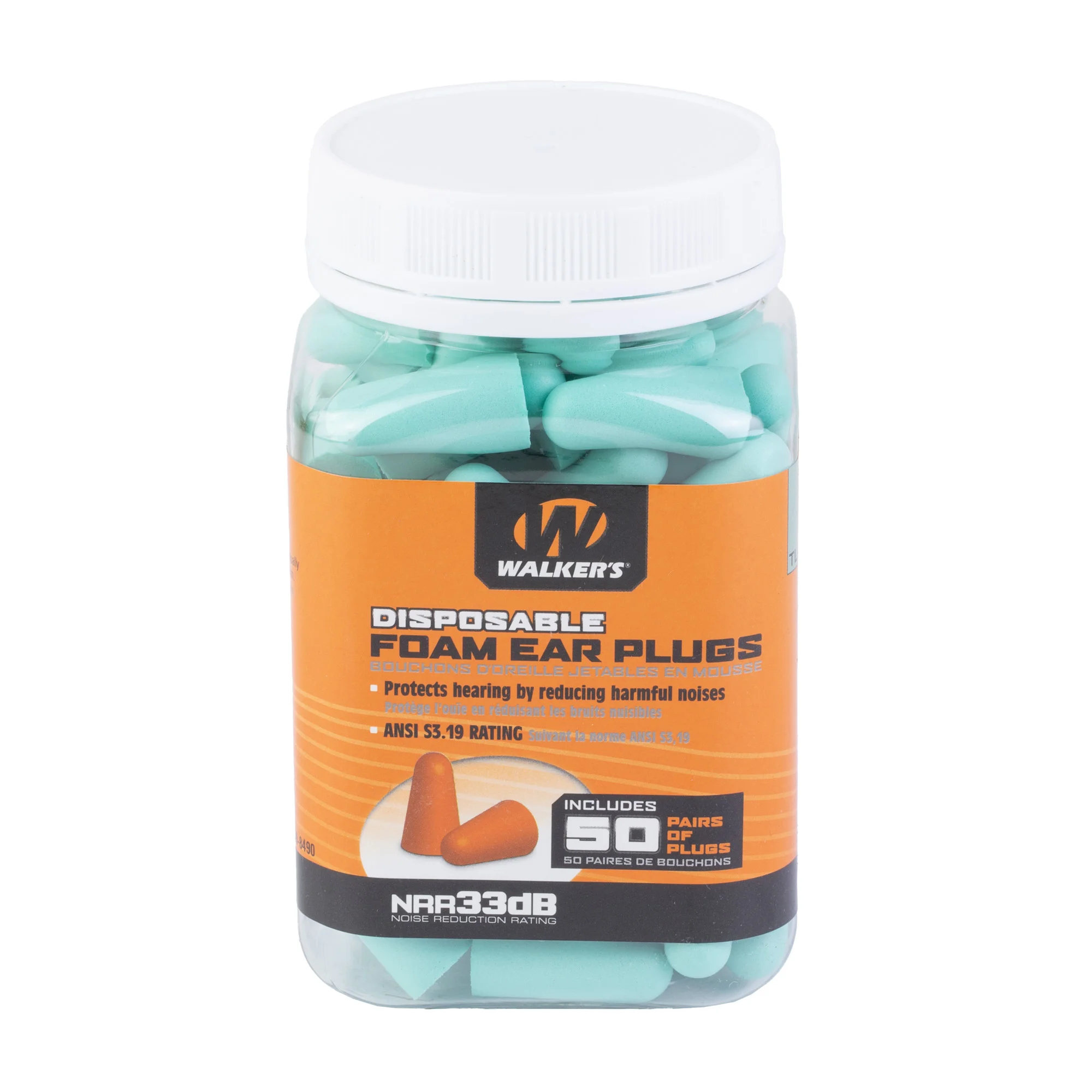 primary-20757 WALKER'S FOAM EAR PLUG 50 PAIR TEAL in clear jar with white lid and orange label