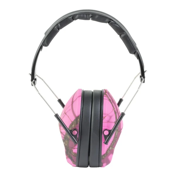 WALKER'S LOW PRFLE FLDG MUFF PK CAMO front view with black headband and pink camo ear cups