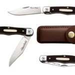 Cold Steel Ranch Hand with brown handles, silver bolsters and brown sheath, open and closed views
