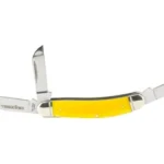 Cold Steel Gentleman's Stockman yellow folding knife, side view with three silver blades open