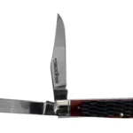 Cold Steel Mini Trapper bone folding knife, side view with two silver blades open