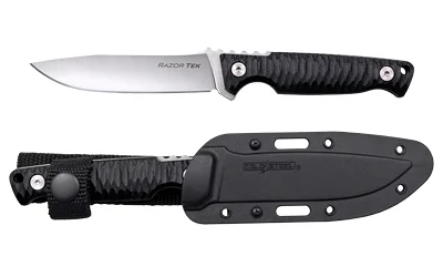 primary-20832 Cold Steel RazorTek black fixed-blade knife, side view with black sheath displayed below