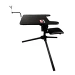 Birchwood Casey swivel action shooting bench, black side view with seat, tabletop and tripod legs