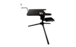 Birchwood Casey swivel action shooting bench, black side view with seat, tabletop and tripod legs