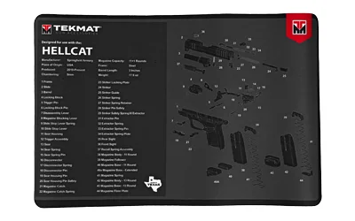 primary-20839 TekMat Pistol Mat Springfield Hellcat, black top view with white parts list and exploded diagram