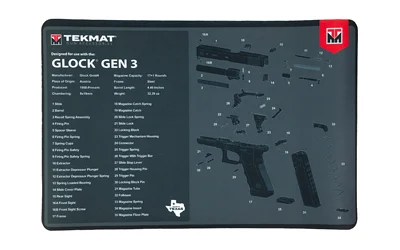 primary-20840 TEKMAT PISTOL MAT FOR GLOCK GEN3 black top view with white parts diagram and text