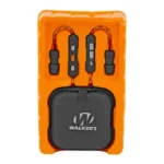 WALKER'S ROPE HEARING ENHANCER BT, black neckband earbuds and charging case in orange packaging