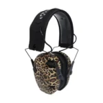 Walker's Razor Slim Muff Leopard, angled view with leopard-print ear cups and black headband