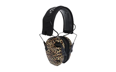 Walker's Razor Slim Muff Leopard, angled view with leopard-print ear cups and black headband