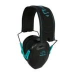 WALKER'S RZR CMPCT PASSIVE MUFF TEAL black earmuffs, angled front view with teal accents