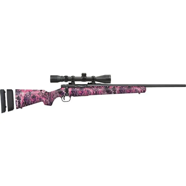 Mossberg Patriot Compact rifle, left-side view with pink camouflage stock, black barrel and scope