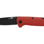 SOG Adventurer LB folding knife, left side with black blade and textured red handle