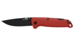 SOG Adventurer LB folding knife, left side with black blade and textured red handle