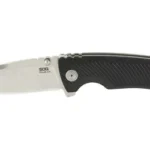 SOG TELLUS ATK, knife in side view with silver blade and black handle with orange accents