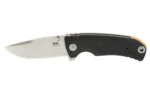 SOG TELLUS ATK, knife in side view with silver blade and black handle with orange accents
