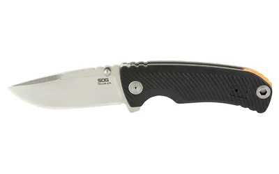 primary-20962 SOG TELLUS ATK, knife in side view with silver blade and black handle with orange accents