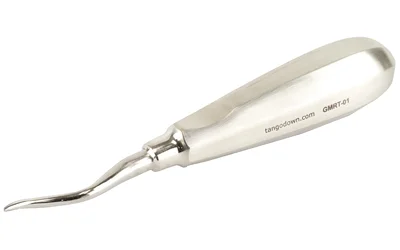 primary-21005 TangoDown magazine release tool for Glock, silver hand tool with curved metal tip