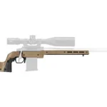 MDT XRS chassis Savage SA, FDE left-side view fitted with a barreled action, scope and magazine
