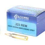 ADI 223 REM 69GR SIERRA MKING blue box in three-quarter view with two brass cartridges