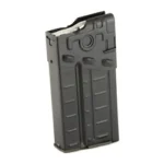 PTR 308WIN 20RD black metal magazine, upright angled view with stamped side panels